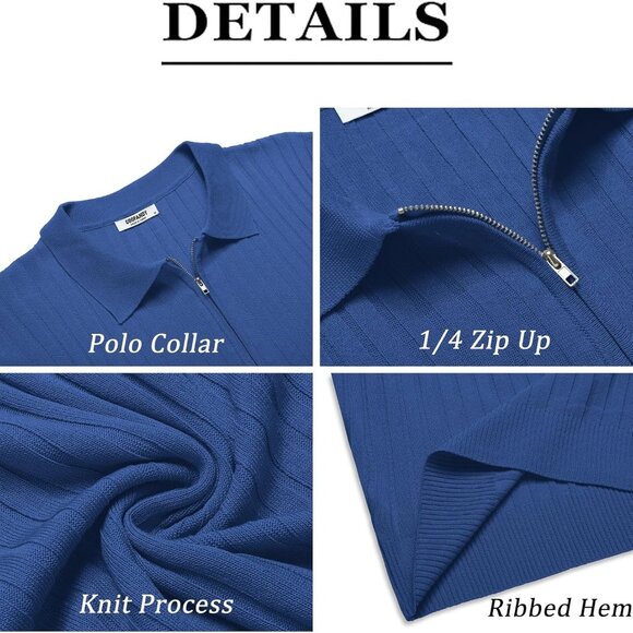Men's Zipper Polo Shirts Short Sleeve Ribbed Knit Polo T Shirts Blue - Picture 5 of 7